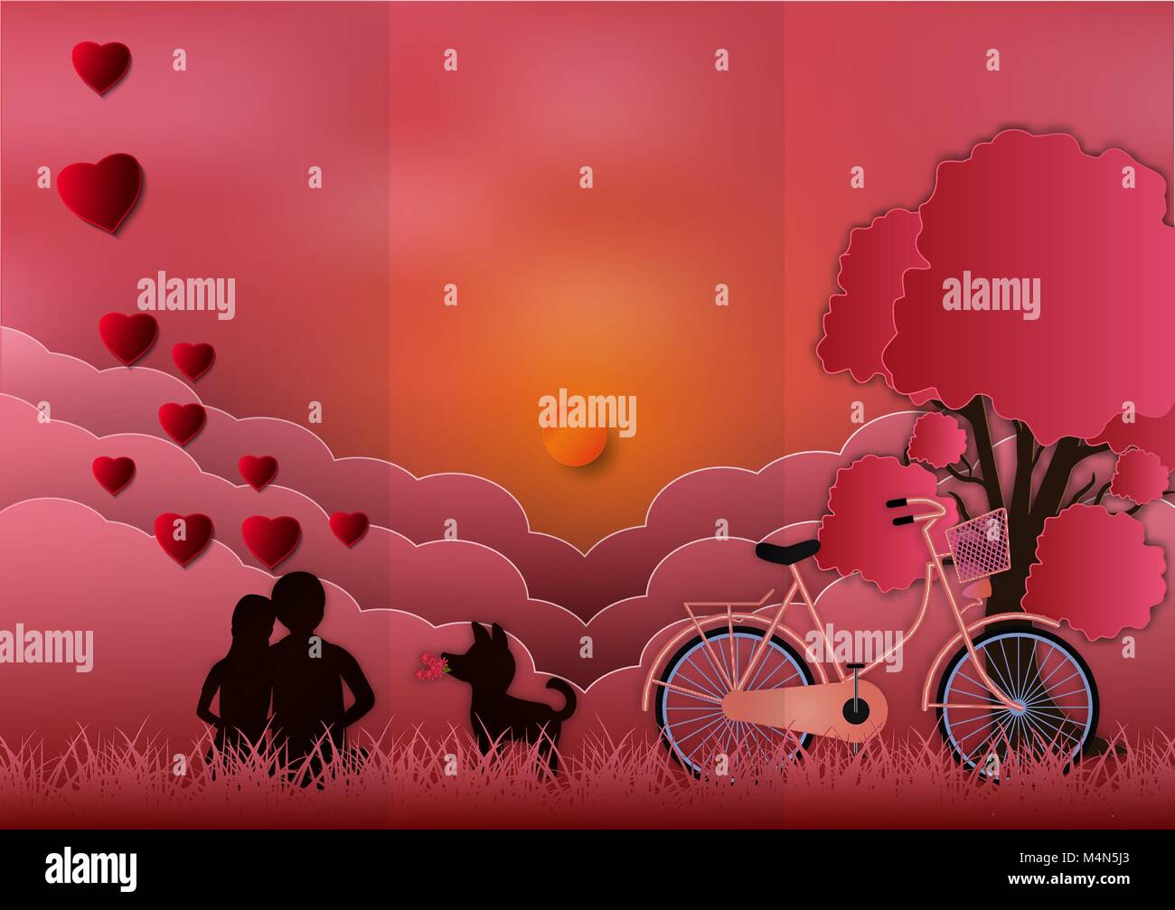 Valentines Day avec l'homme et de la femme dans l'amour et regarder le coucher du soleil sur l'arrière-plan. Le papier style. vector illustration Illustration de Vecteur