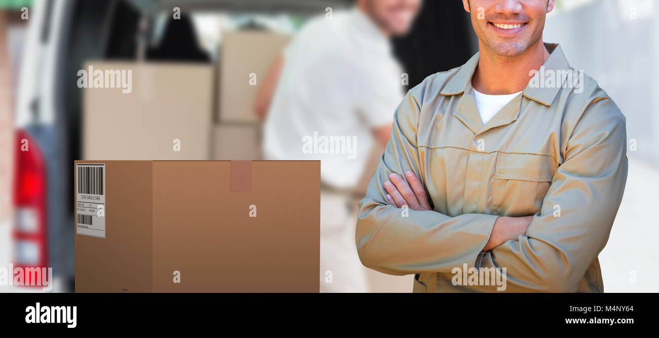 3d composite image delivery man standing with arms crossed Banque D'Images