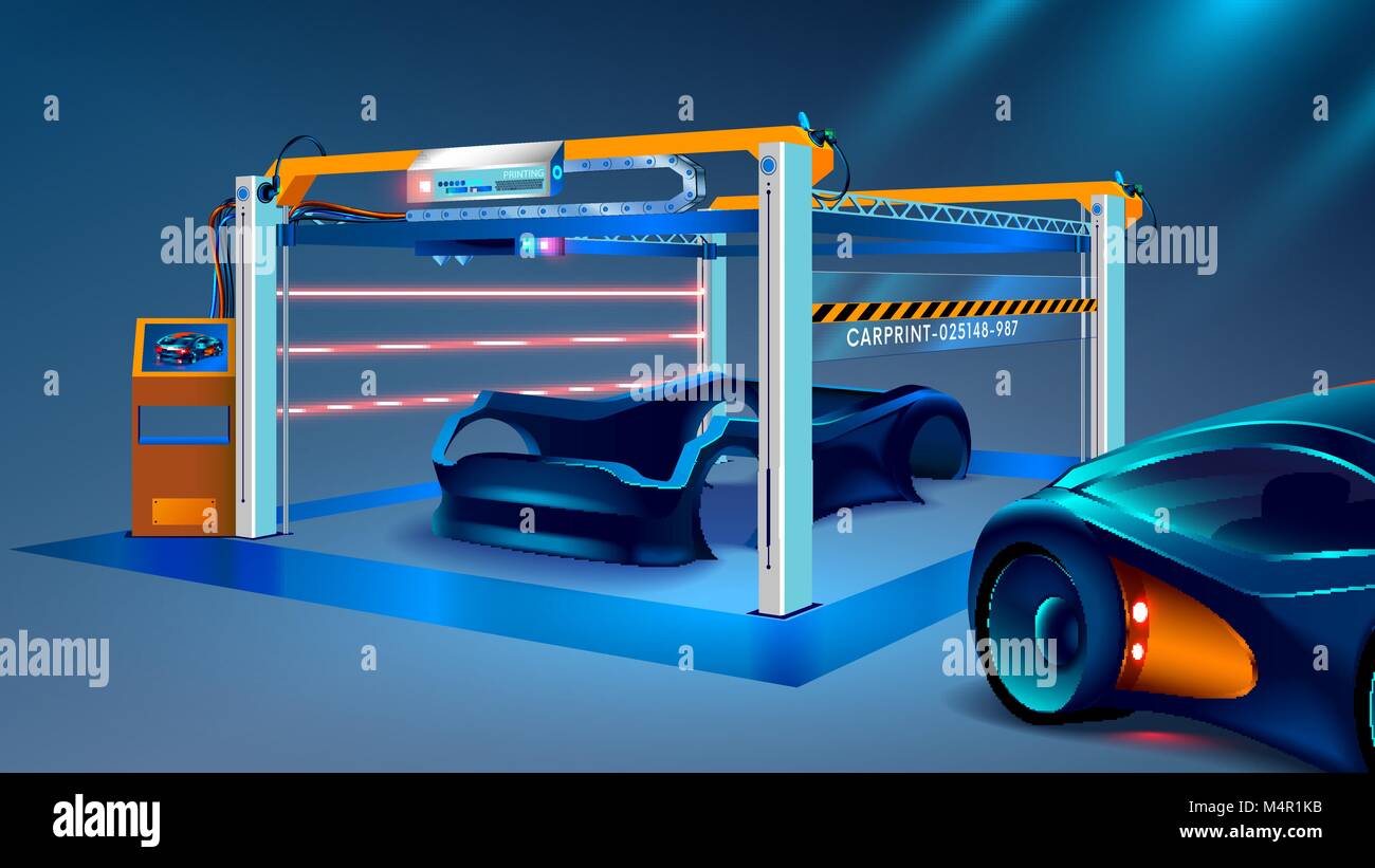 Prototypage 3d et 3d l'impression d'une voiture, des automobiles à un ensemble industriel imprimante 3D. La fabrication d'automobile. Illustration de Vecteur