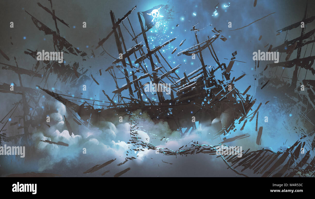 Une épave avec drapeau pirate crâne rempli de poussière et particules flottant dans le ciel nocturne, art numérique, peinture style illustration Banque D'Images Une épave avec drapeau pirate crâne rempli de poussière et particules flottant dans le ciel nocturne, art numérique, peinture style illustration Banque D'Images