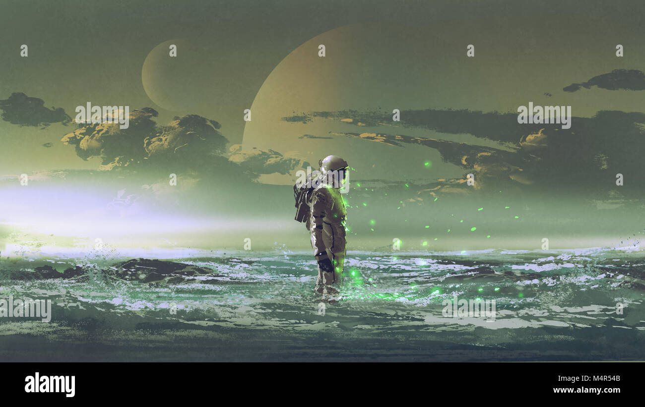 Le comité permanent de l'astronaute par la mer contre l'arrière-plan de la planète, de l'art numérique, style peinture illustration Banque D'Images