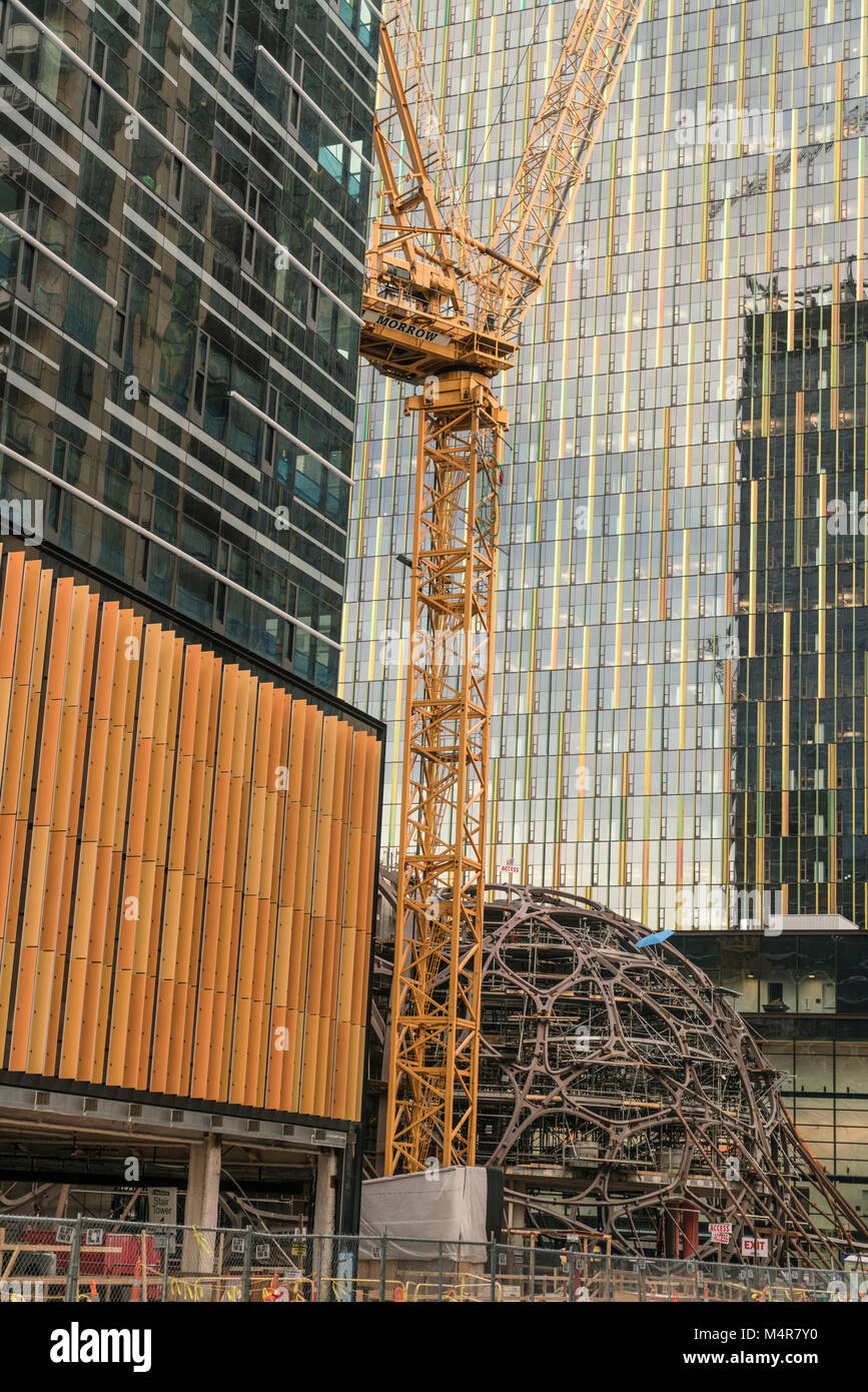 Bio-sphère : Dôme géodésique, la construction site, Amazon Corporation, Seattle, Washington, USA Banque D'Images
