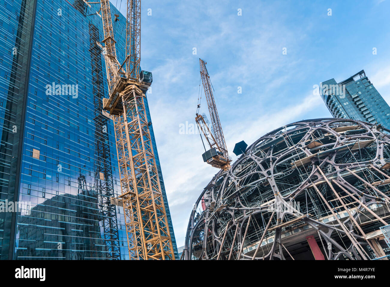 Bio-sphère : Dôme géodésique, la construction site, Amazon Corporation, Seattle, Washington, USA Banque D'Images