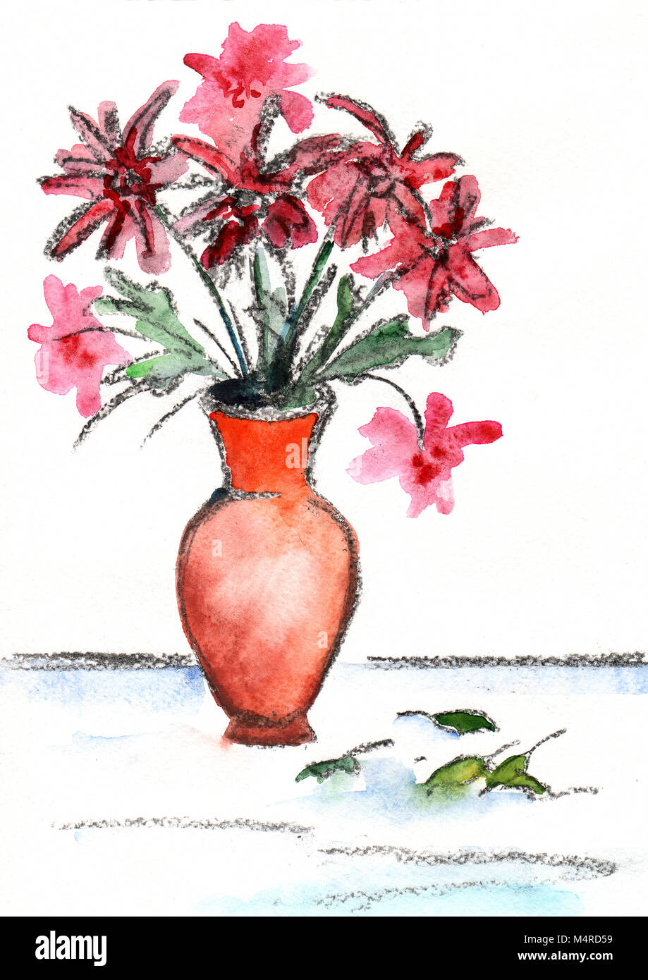 Avec un arrière-plan, l'aquarelle fleurs fleurs dans un vase Banque D'Images