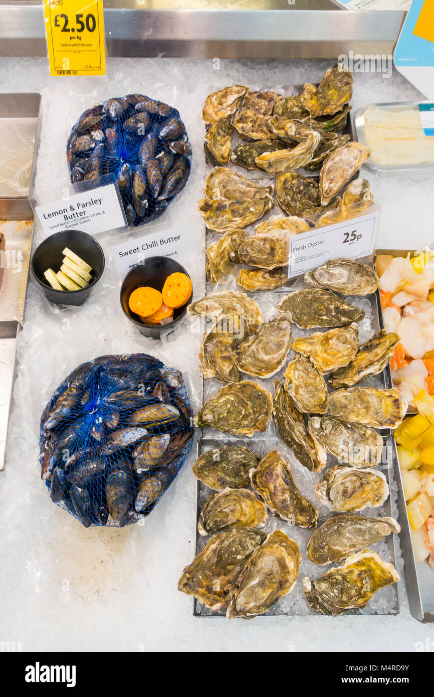 Affichage des coquillages frais huîtres et moules sur un supermarché avec des prix 2018 compteur Banque D'Images