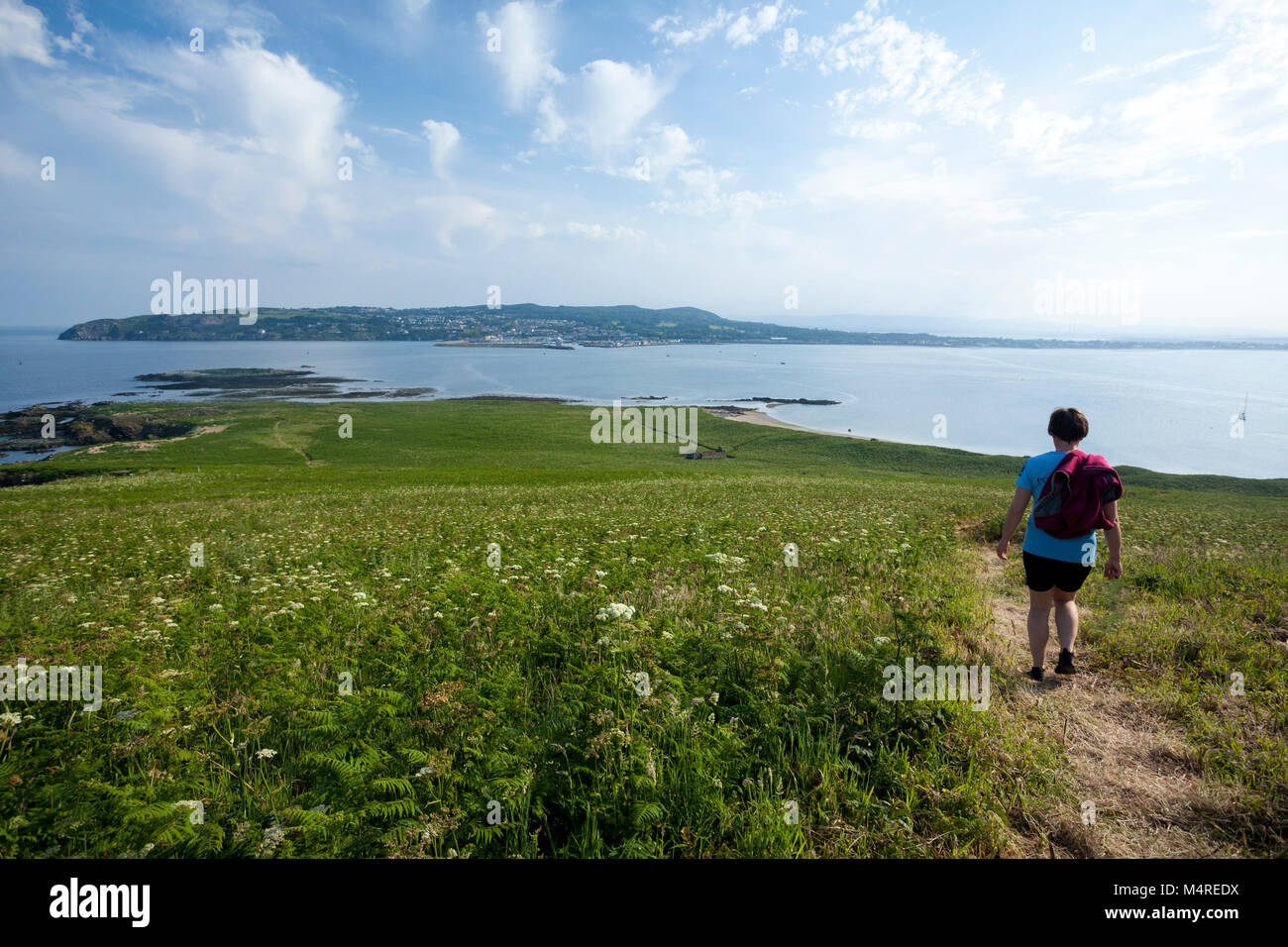 Walker explorer Ireland's Eye, avec Howth Head visible dans la distance, comté de Dublin, Irlande. Banque D'Images