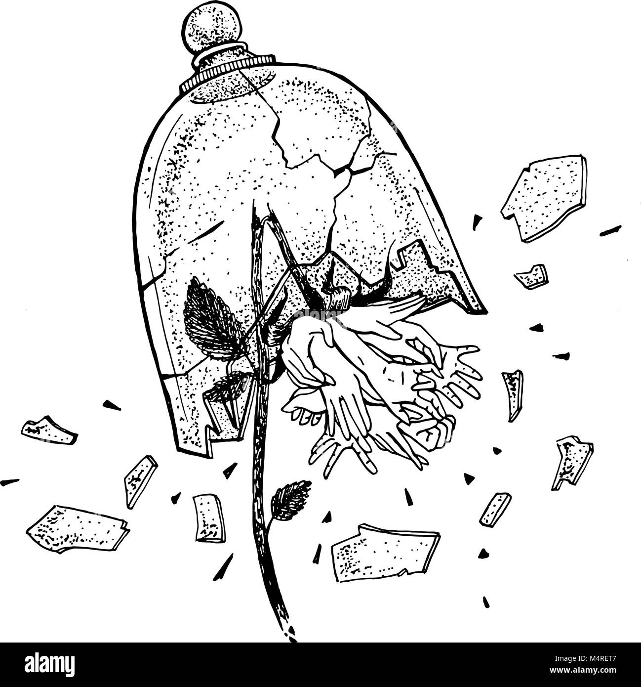 Hand drawn broken wild rose, en vue des mains sous le verre. Thème tatouage. Vector illustration croquis. Illustration de Vecteur