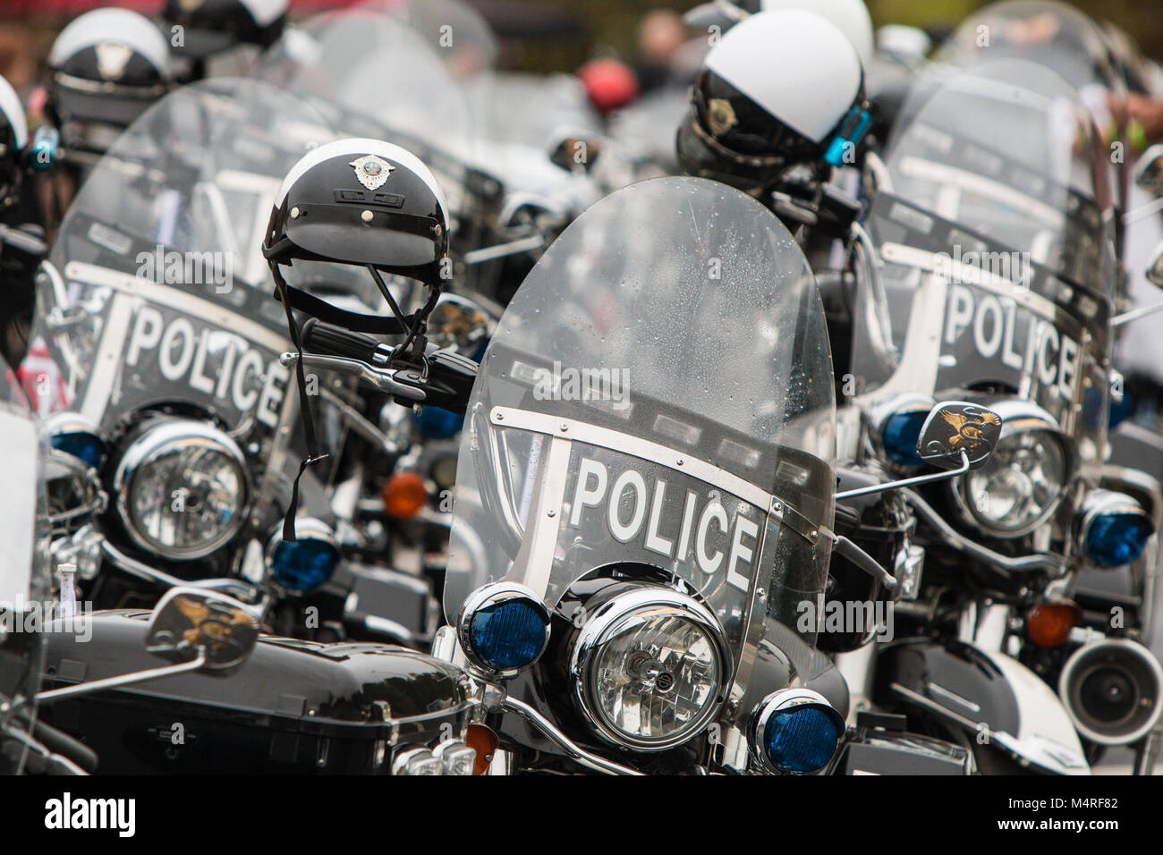 Plusieurs motos de police inoccupés sont alignés en rangées, avant le début d'une charité tour de moto à Buford, GA le 7 octobre 2017. Banque D'Images