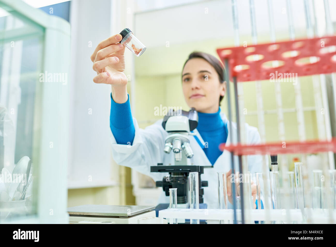 Certain jeune chercheur wearing white coat assis au bureau et l'inspection de l'échantillon de viande in vitro, microscope et verrerie de laboratoire sur foregroun Banque D'Images