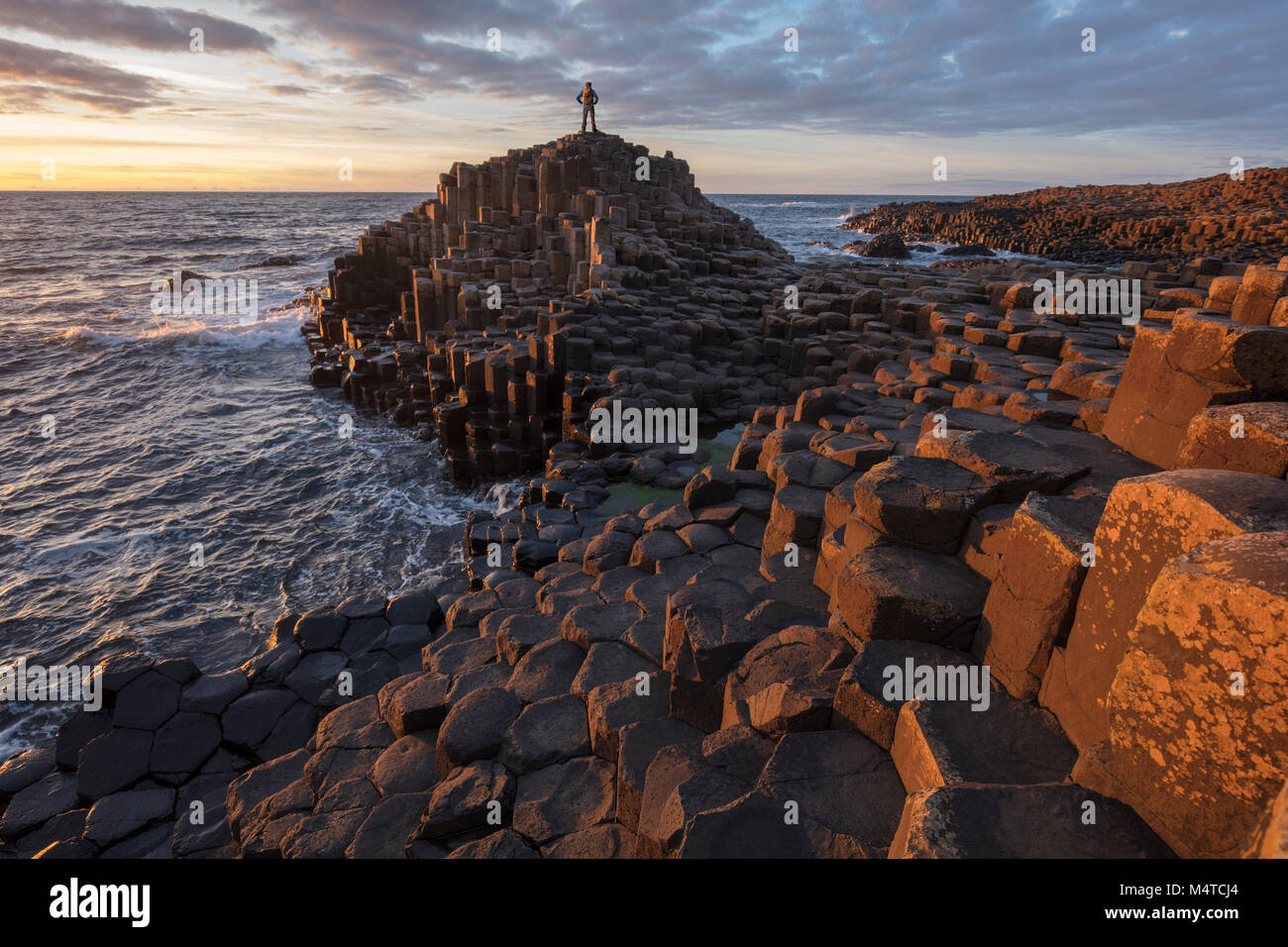 Soirée à la Giant's Causeway, pays d'Antrim, en Irlande du Nord. Banque D'Images
