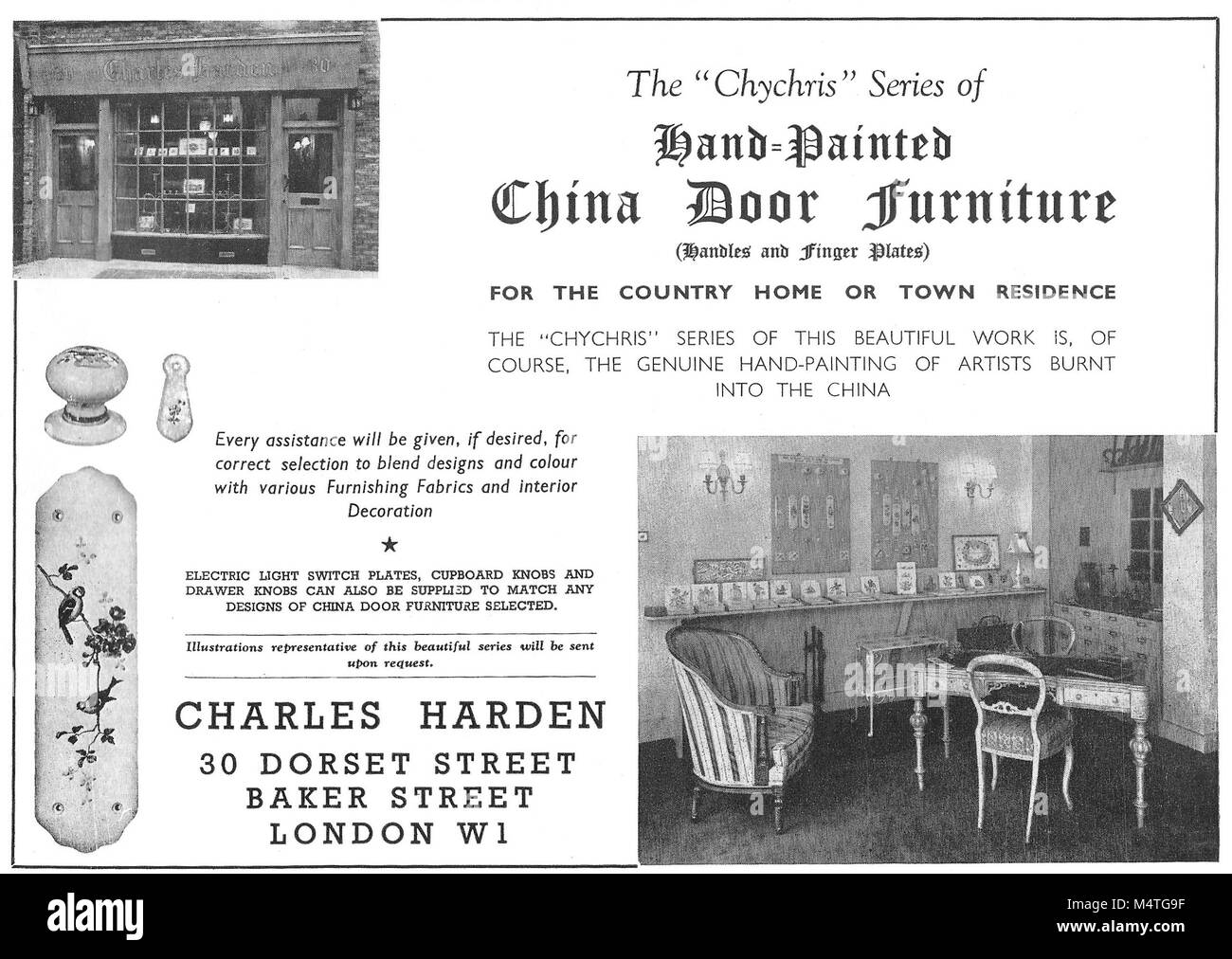 Meubles peints à la main porte la Chine annonce, publicité dans Country Life Magazine UK 1951 Banque D'Images