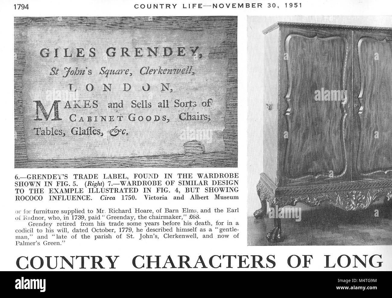 Giles Grendey label commerce de meubles anciens dans l'article Country Life Magazine UK 1951 Banque D'Images