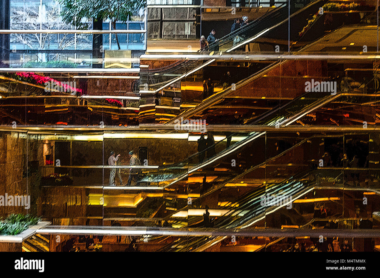 Trump Tower New York escalators, reflet dans le verre, abstract Banque D'Images