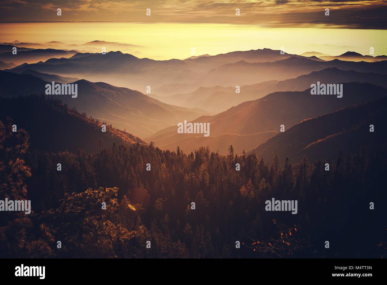 Superbe coucher de soleil dans la Californie Sierra Nevada. Photo prise à partir de Sequoia National Park. Californie, États-Unis d'Amérique. Banque D'Images