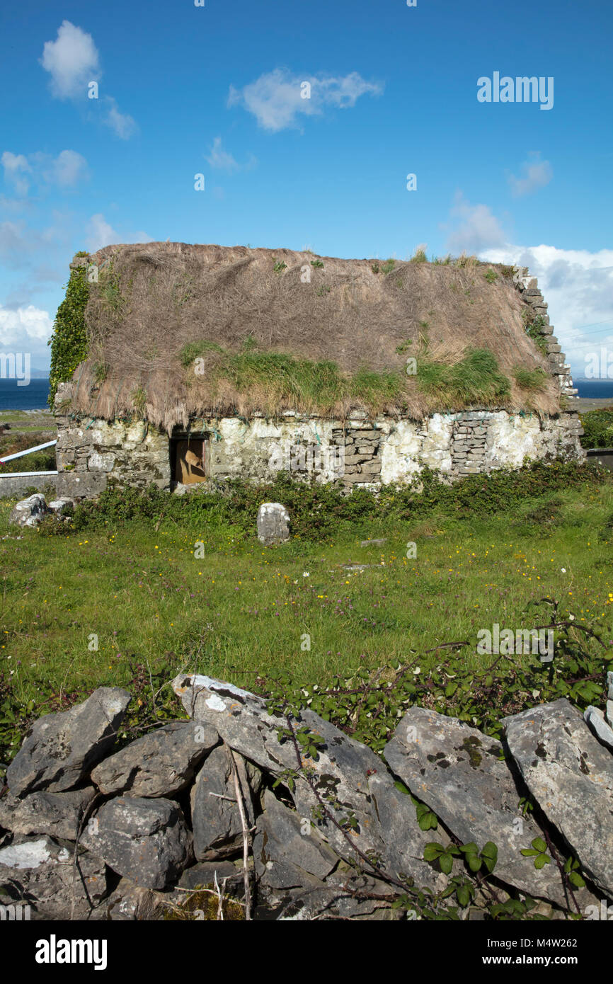 Ancien cottage de chaume en ruine sur l'Inishmore, Aran Islands, comté de Galway, Irlande. Banque D'Images