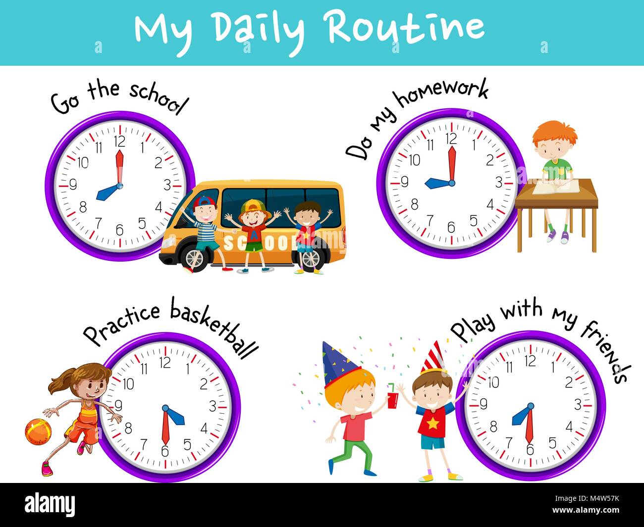 Routine quotidienne pour les enfants avec horloge et activités illustration Illustration de Vecteur