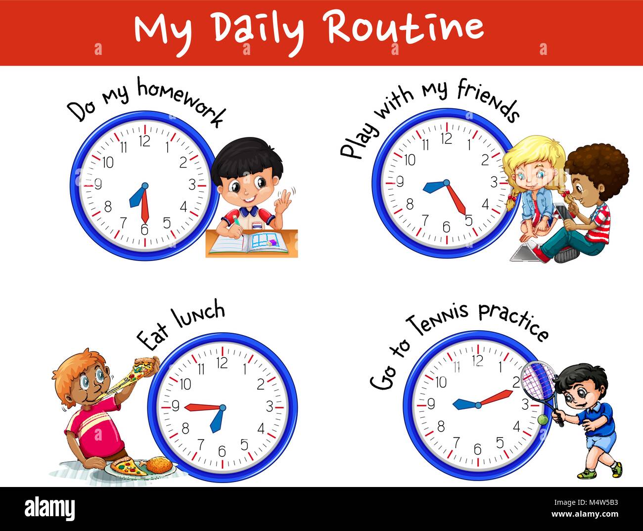 Routine quotidienne de nombreux enfants dont l'horloge illustration Illustration de Vecteur