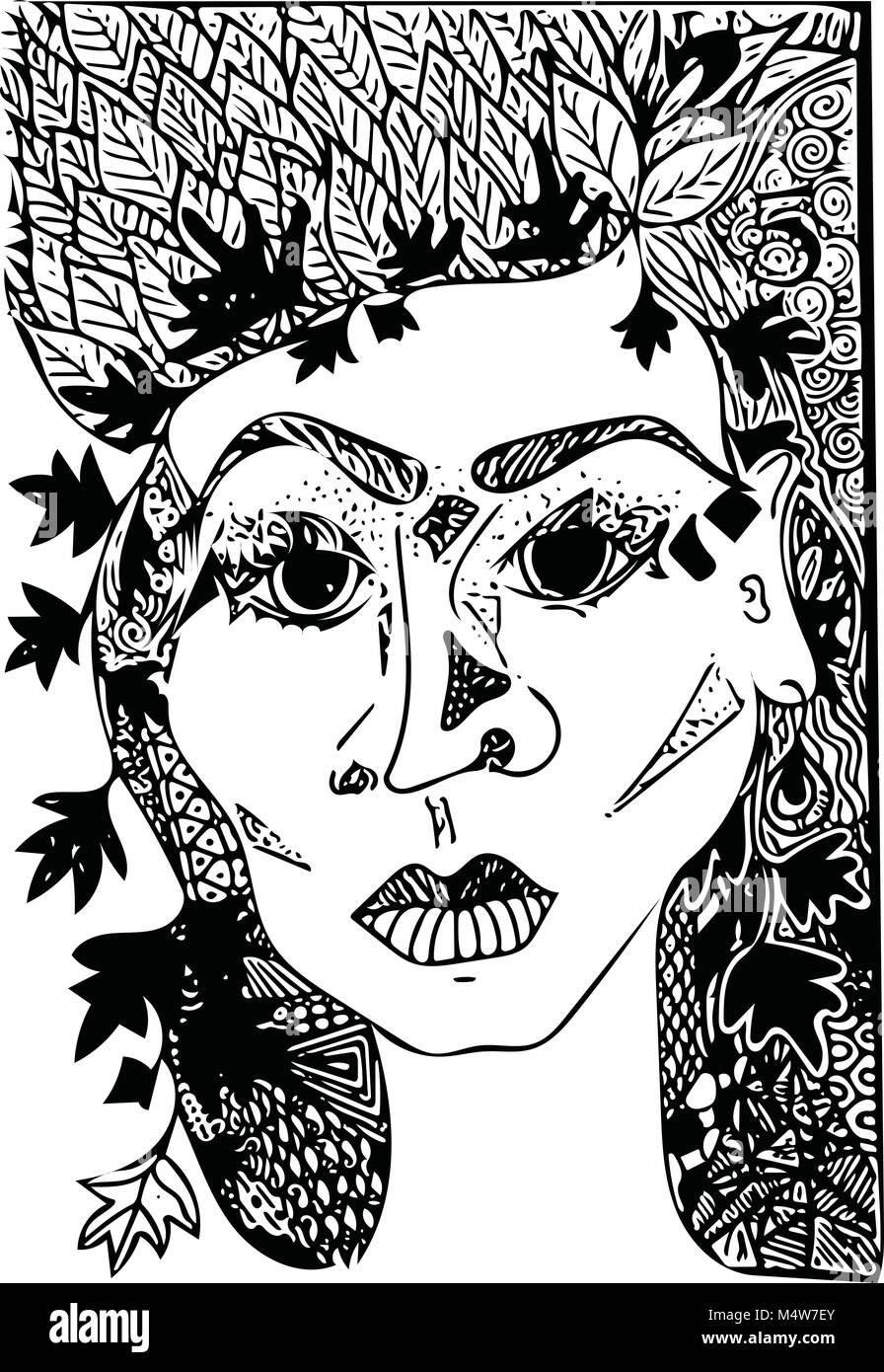 Portrait de fantaisie croquis visage féminin. Image vectorielle, dessinée à la main. Illustration de Vecteur