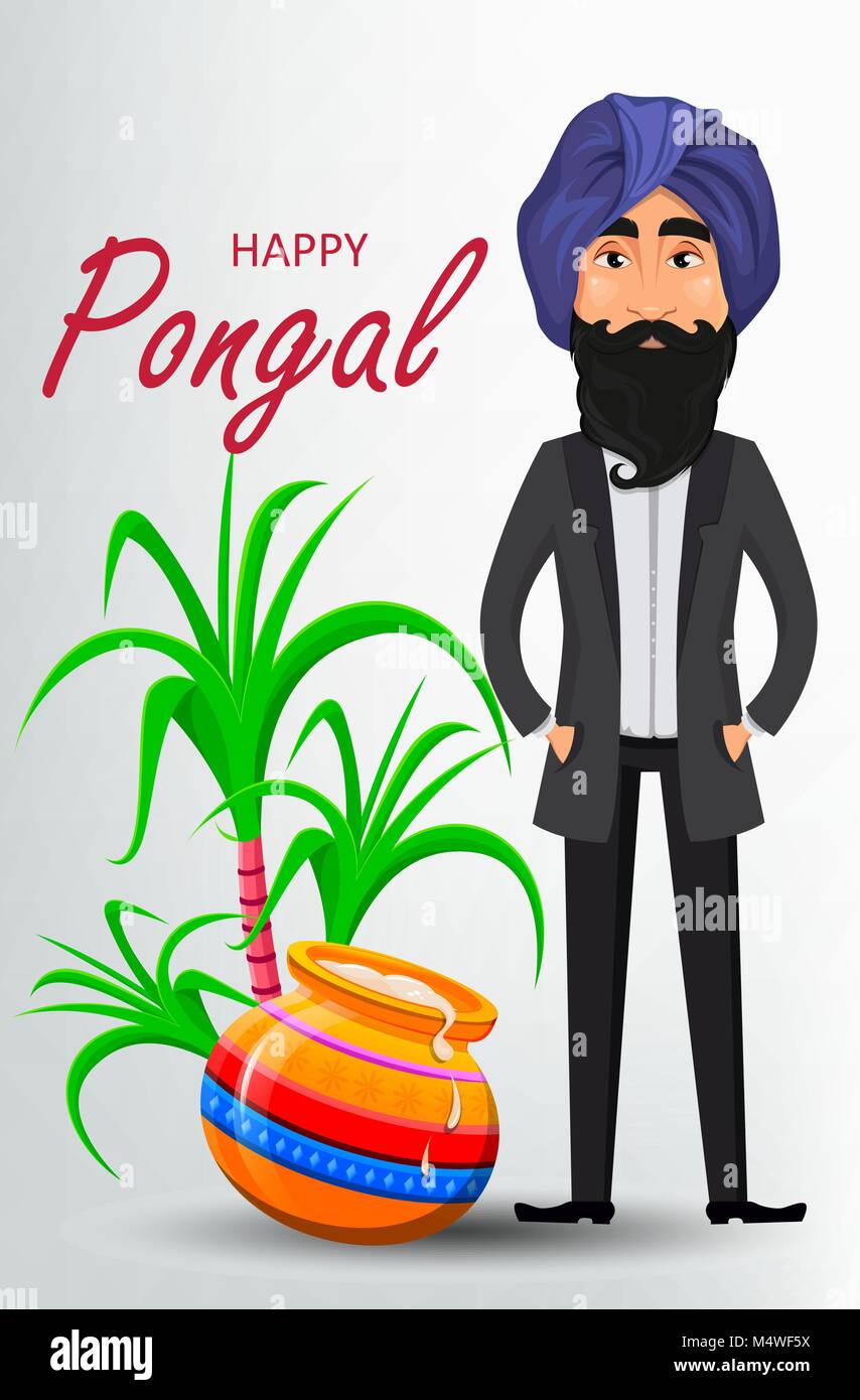 Homme sikh indien en turban debout près de pot et de la canne à sucre. Happy Pongal carte de vœux. Makar sankranti. Vector illustration sur fond blanc. Illustration de Vecteur