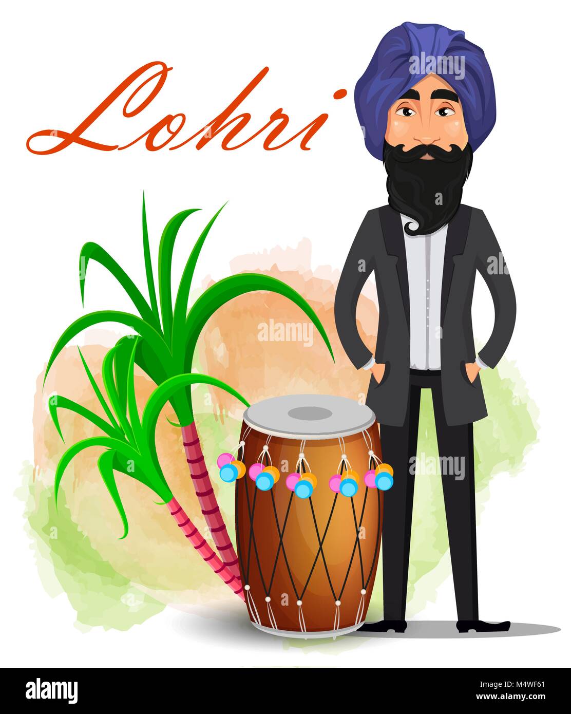 Homme sikh indien en turban debout près de tambour et la canne à sucre. Heureux Lohri carte de vœux. Makar sankranti. Vector illustration sur fond blanc. Illustration de Vecteur