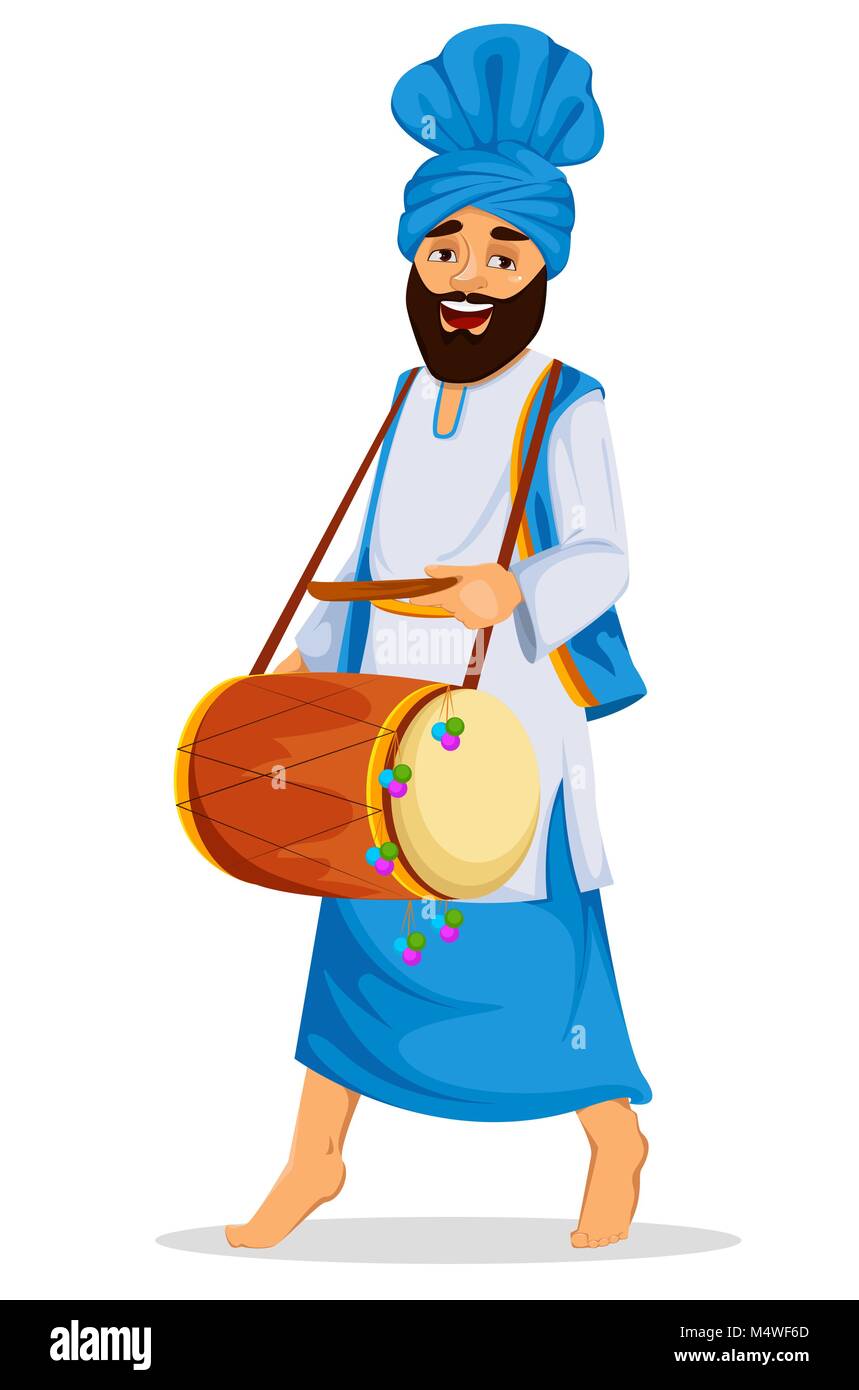 Hiver populaires Punjabi folk festival Lohri. Homme Sikh avec tambour décoré. Vector illustration sur fond blanc Illustration de Vecteur