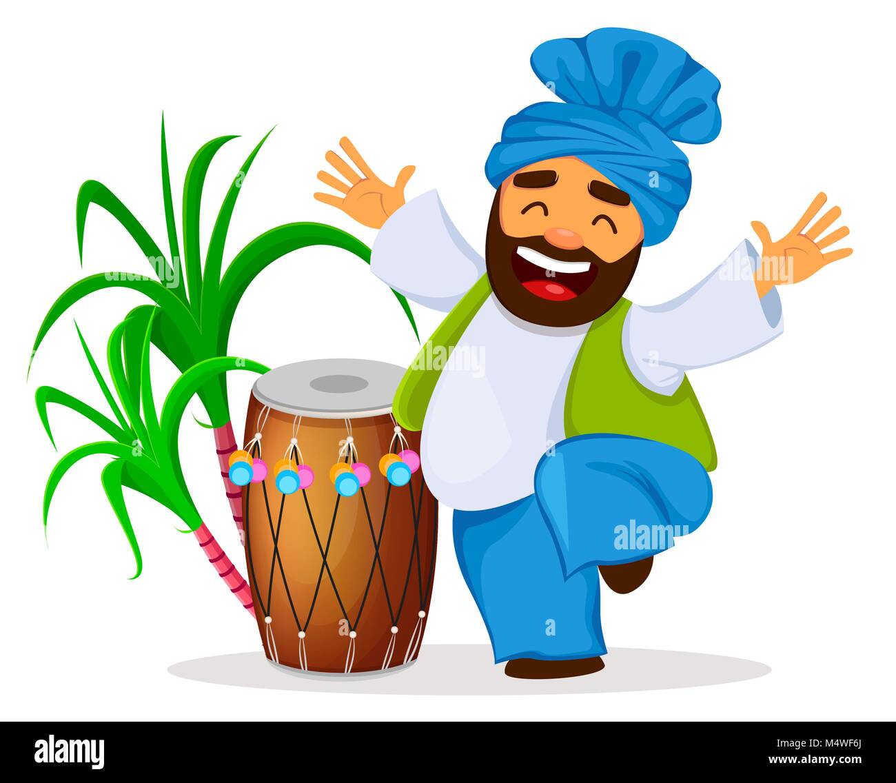 Hiver populaires Punjabi folk festival Lohri. Tambour, la canne à sucre et funny dancing homme sikh, personnage. Vector illustration sur fond blanc Illustration de Vecteur