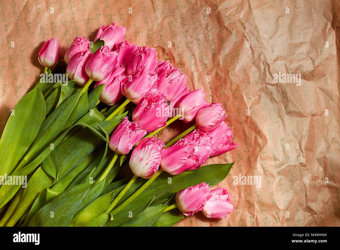 Composition de fleurs fraîches, bouquet tulipe rose sur fond de papier craft. Valentine, féministe, le 8 mars, anniversaire, fête des mères présentes. Copier l'espace, clos Banque D'Images