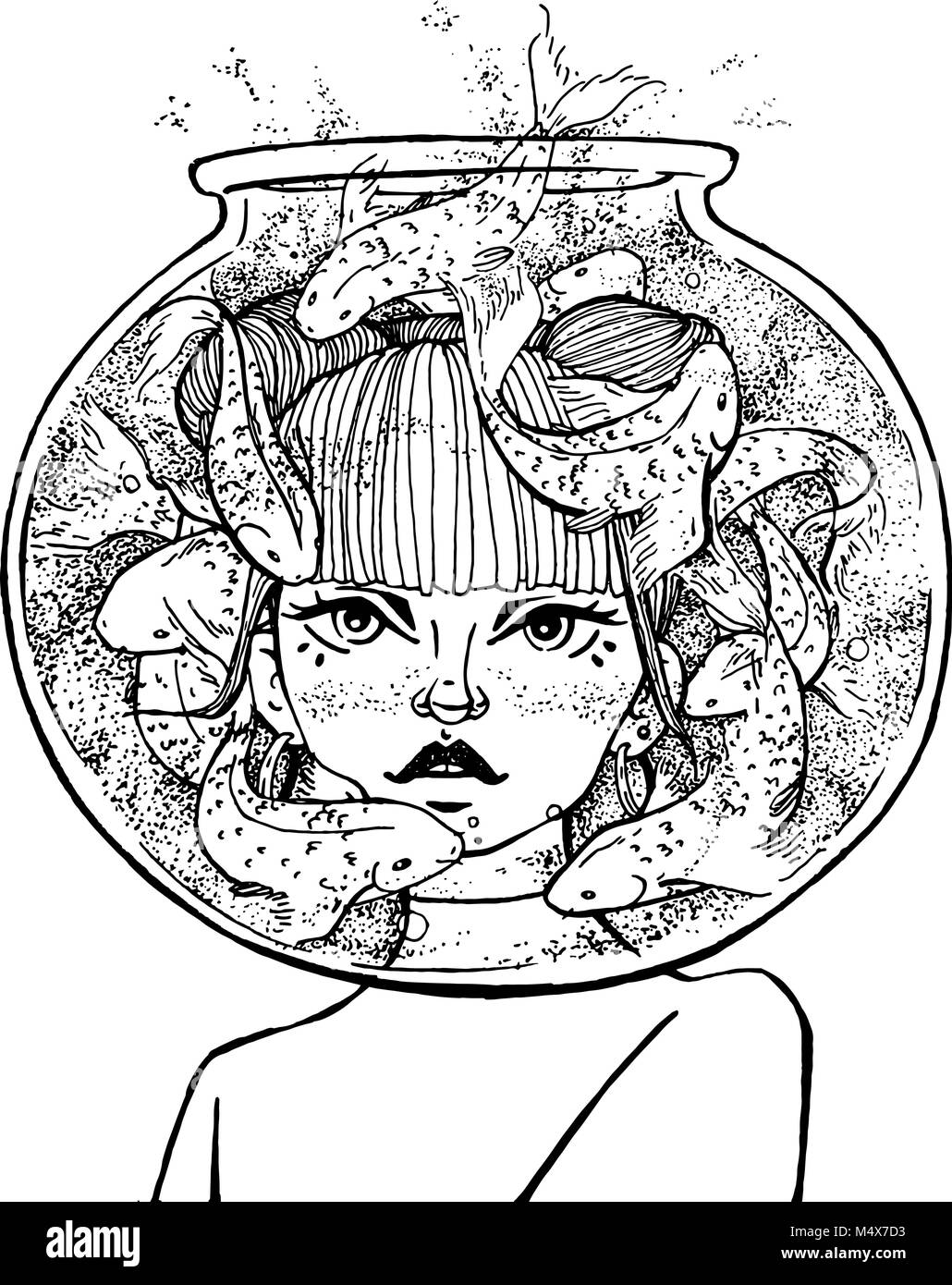 Fille avec la main sur la tête de l'aquarium avec des poissons. Thème tatouage. Vector illustration croquis. Illustration de Vecteur