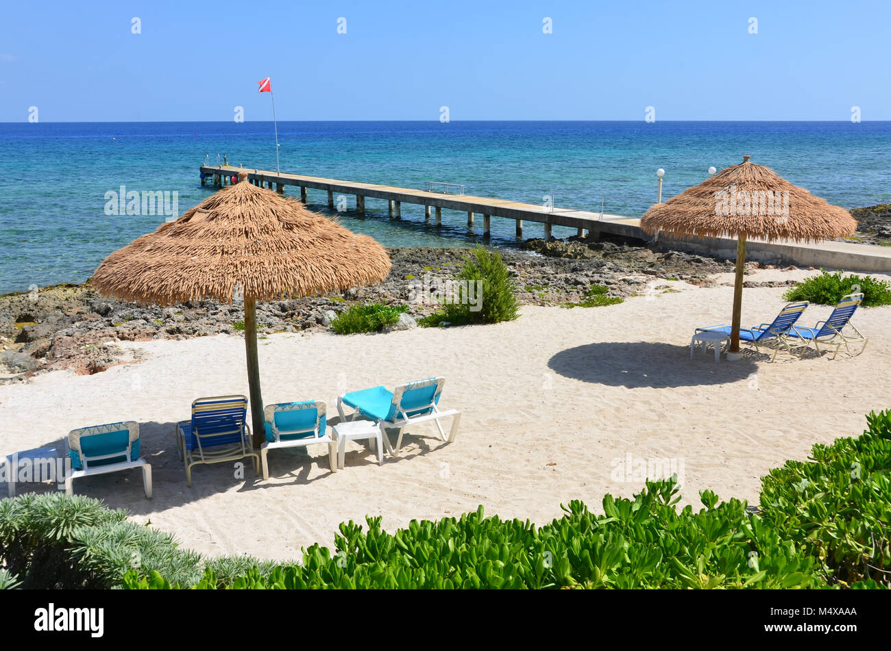 Le Diver's pier et plage abritée, avec de la paille de parasols et chaises longues, à Grand Cayman. Banque D'Images