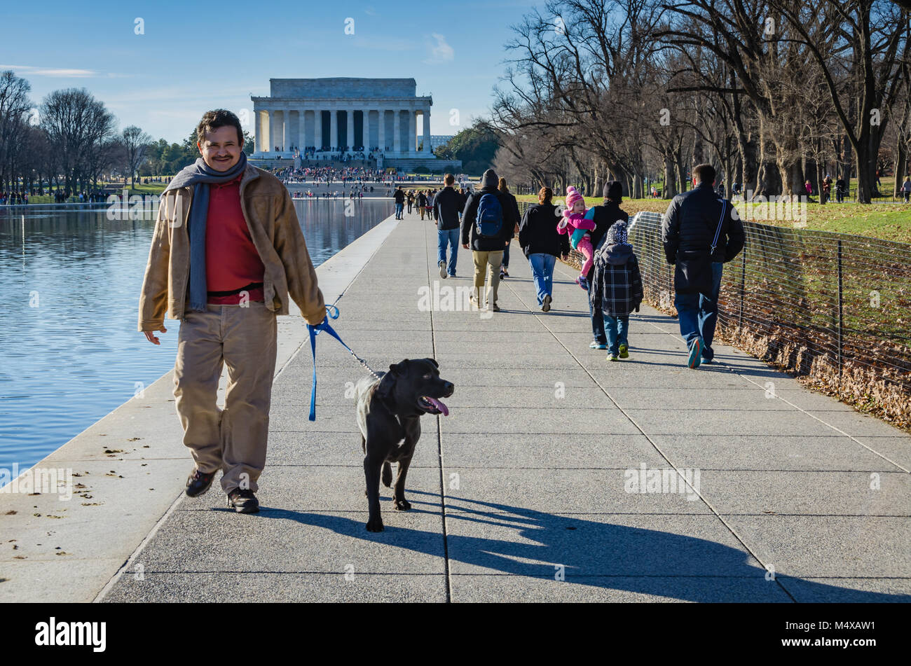 Homme marchant un chien sur le chemin par le miroir d'eau en face du Lincoln Memorial au National Mall à Washington DC. Banque D'Images