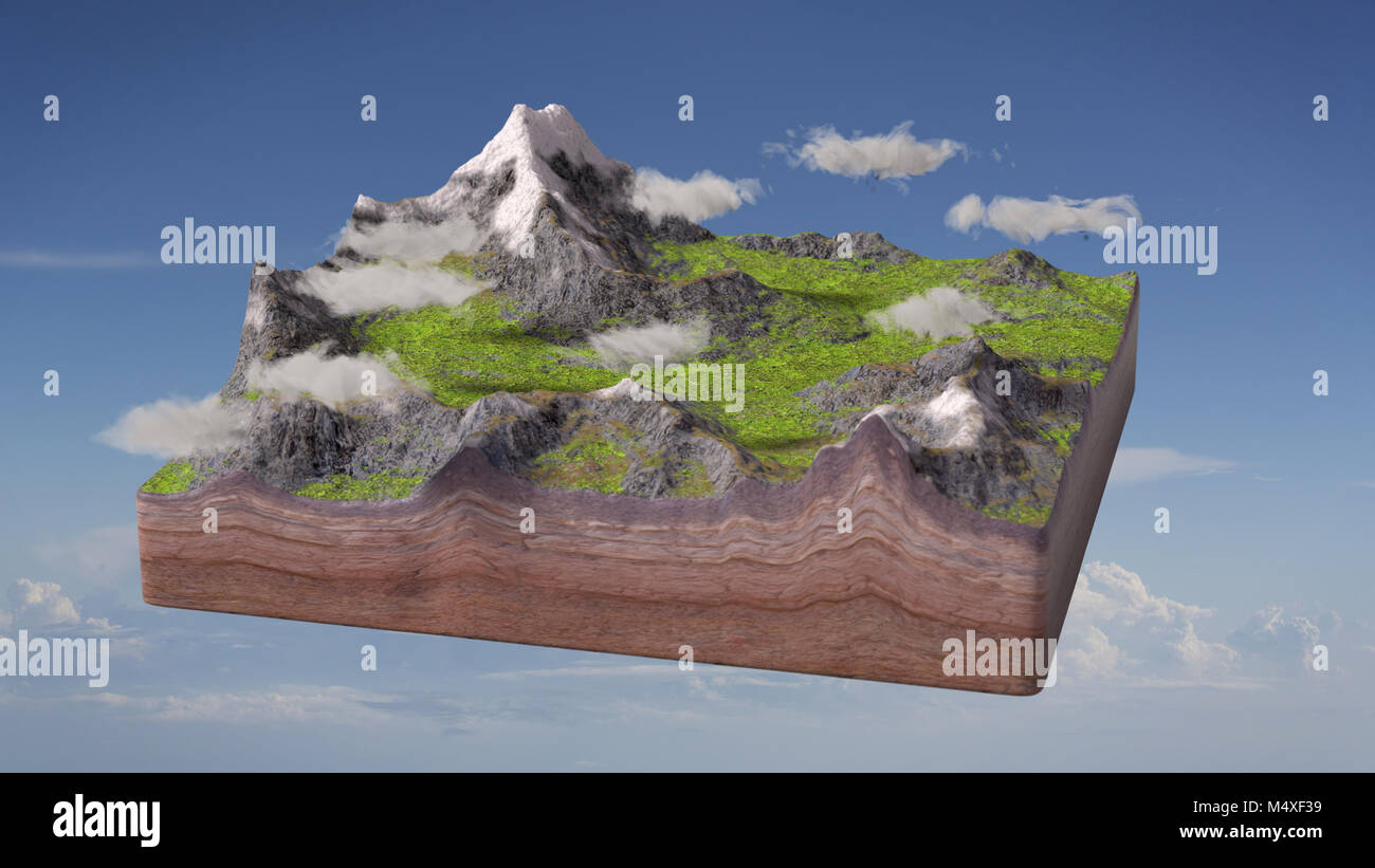 Modèle d'un échantillon de sol avec des montagnes et des prairies en face de ciel bleu (rendu 3d) Banque D'Images