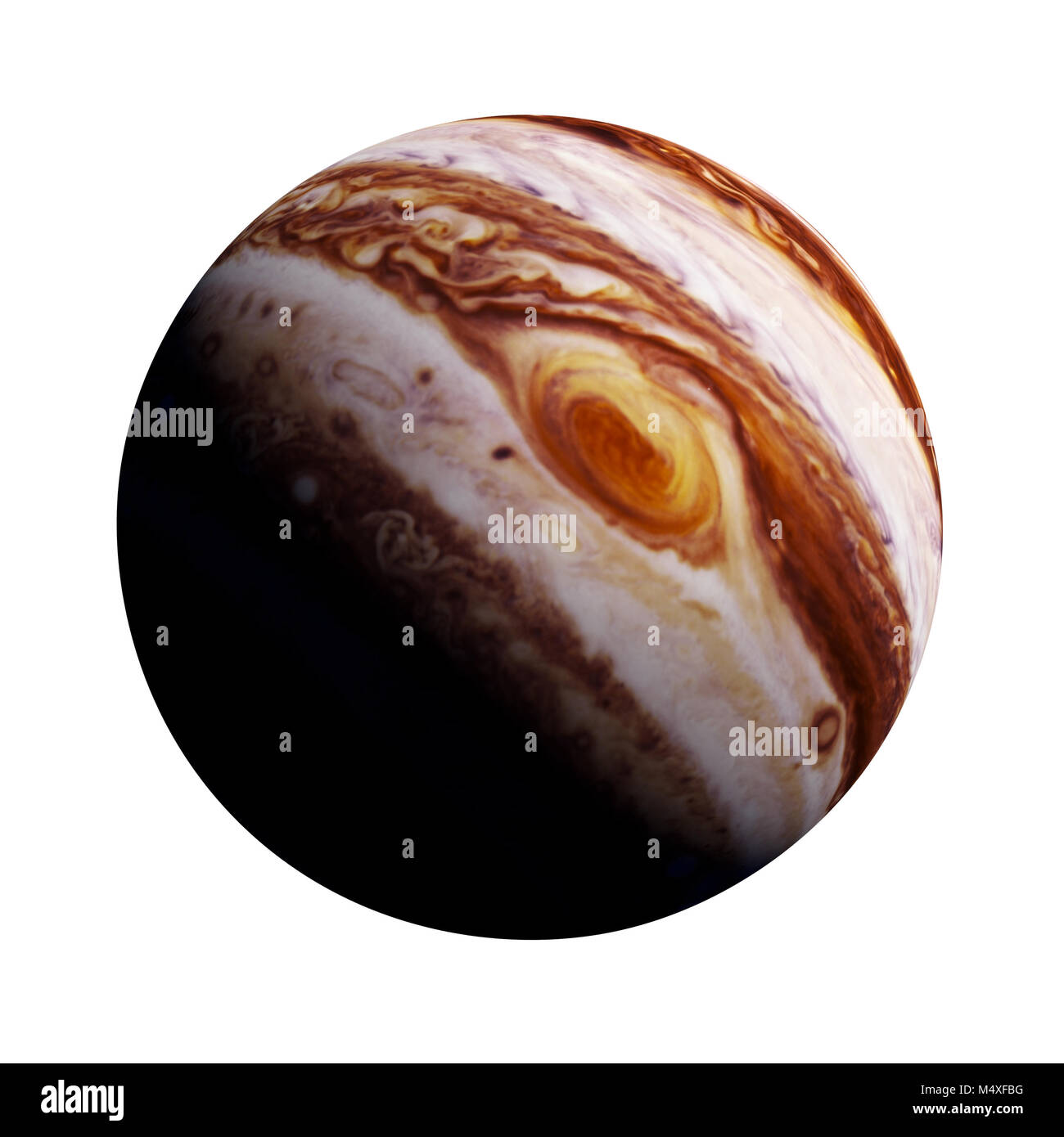 Planète Jupiter isolé sur fond blanc avec l'accent sur la tache rouge, Banque D'Images