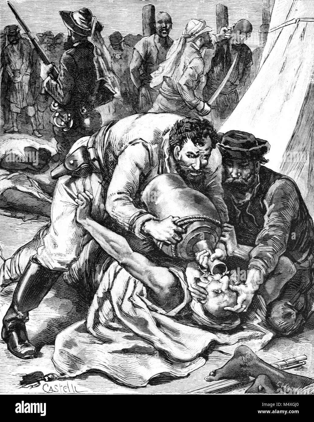Les marchands d'esclaves ou de trafiquants d'empoisonner un rival sur le camp des esclaves dans le désert du Sahara (gravure, 1888) Banque D'Images