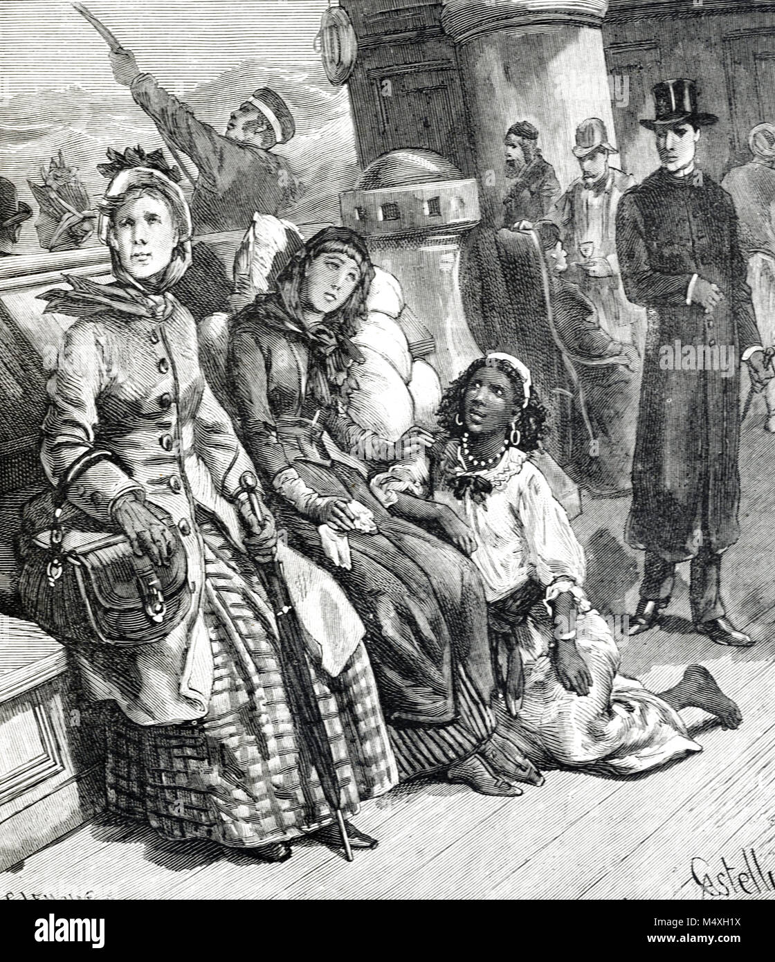 La riche ou Femmes européennes et aborigène australien ou Maid serviteur Voyager un paquebot ou navire à passagers au début de l'Angleterre à l'Australie (gravure, 1888) Banque D'Images