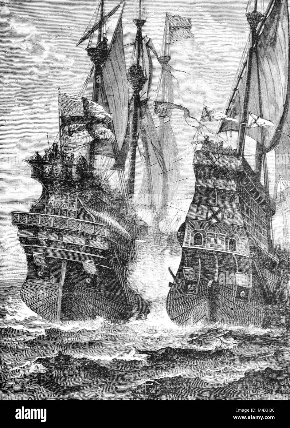 Mer Dernière bataille d'Andrew Barton (c1466-1511), un marin écossais et l'amiral, dont les navires 'Le Lion' et 'Jenny' Pirwyn ont été capturés par les Anglais sous le commandement de Sir Edward Howard en 1511. Andrew Barton morts pendant la bataille, ou de ses blessures. (Gravure, 1888) Banque D'Images