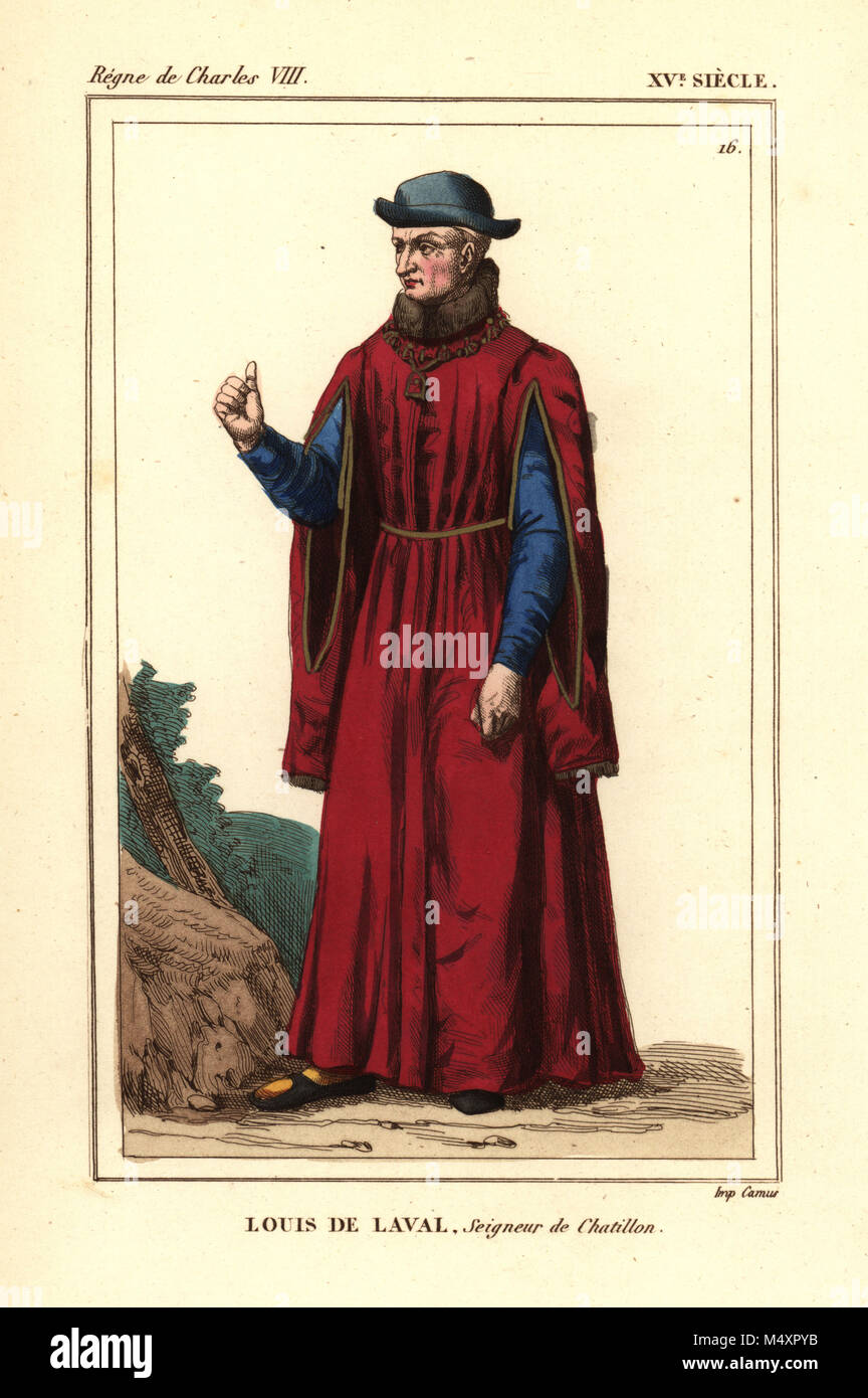 Louis de Laval, Seigneur de Châtillon, gouverneur de Paris d.1430. Lithographie coloriée après un manuscrit à miniatures Roger de Gaignieres' VII 65 portefeuille de : Le Bibliophile Jacob aka Paul Lacroix Costumes historiques de la France (Costumes historiques de la France), Administration de librairie, Paris, 1852. Banque D'Images