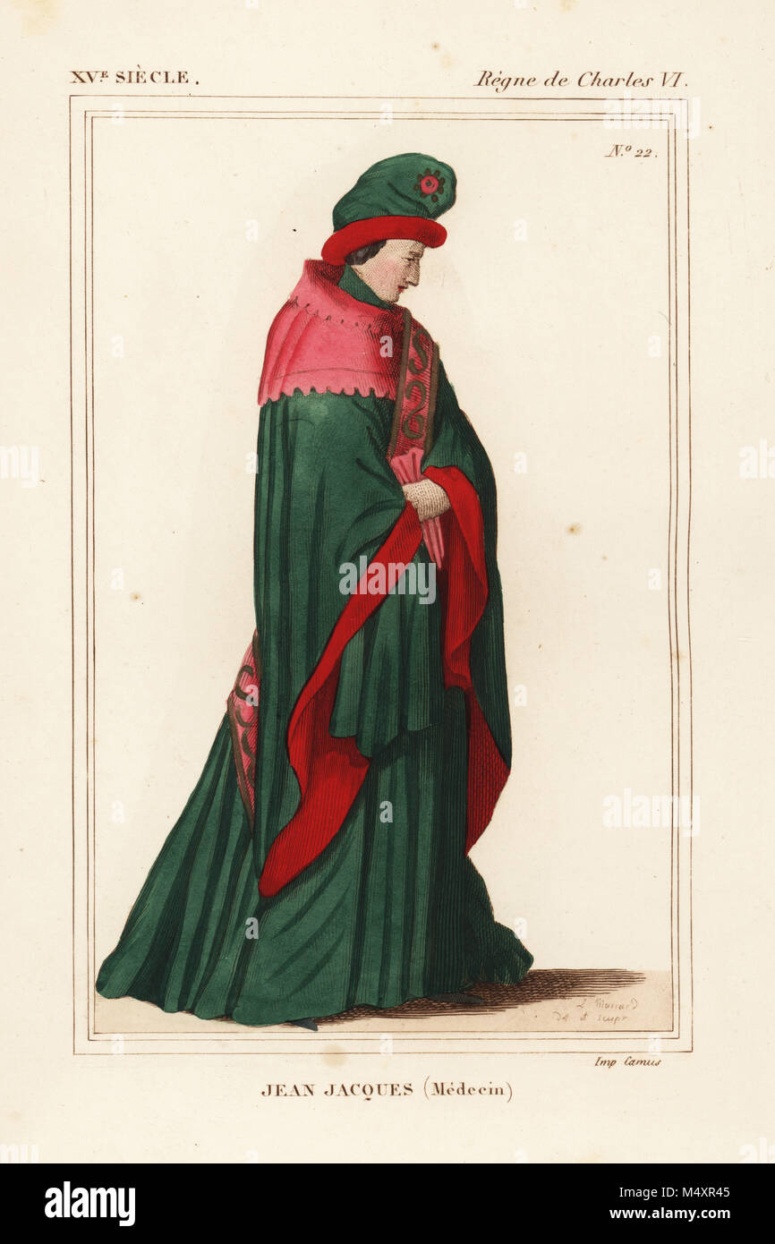 Jean Jacques, médecin et plus tard chancelier de la Faculté de médecine de Montpellier 1394. Lithographie coloriée par Léopold Massard manuscrit après 5070 dans la Bibliothèque Nationale de : Le Bibliophile Jacob aka Paul Lacroix Costumes historiques de la France (Costumes historiques de la France), Administration de librairie, Paris, 1852. Banque D'Images