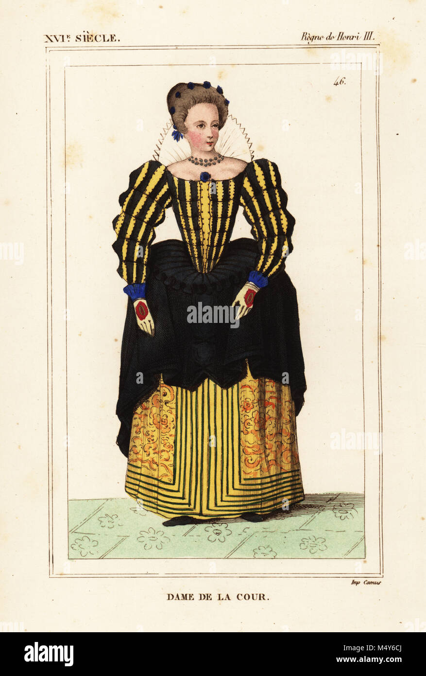 Dame de la cour, le règne du roi Henri III de France. Lithographie coloriée