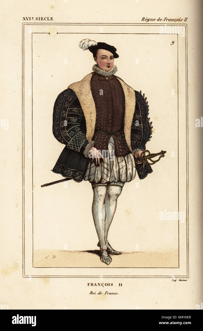 Le roi François II de France. Illustration dessinée et lithographiée par L. Massard après un portrait de Roger de Gaignieres' images portfolio IX 2 de : Le Bibliophile Jacob aka Paul Lacroix Costumes historiques de la France (Costumes historiques de la France), Administration de librairie, Paris, 1852. Banque D'Images