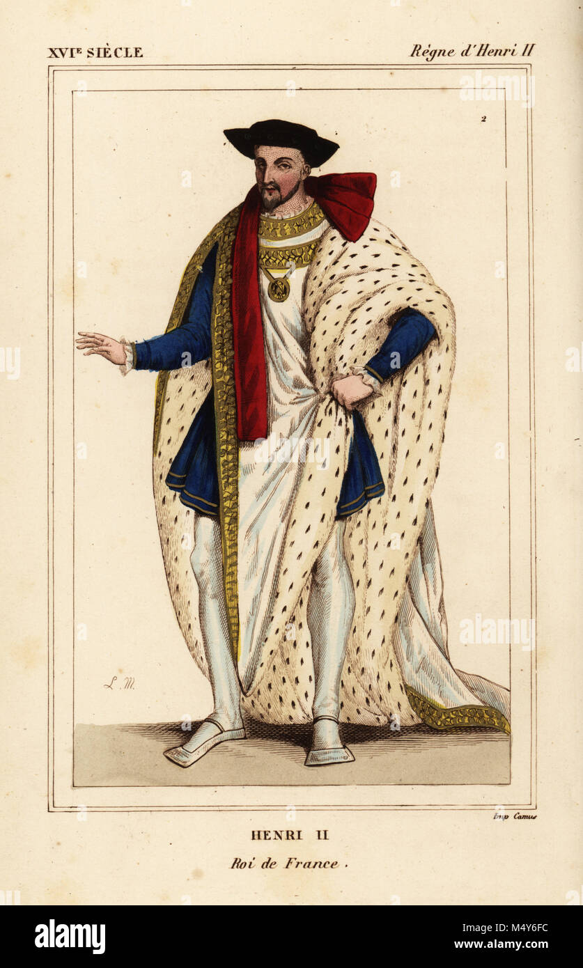 Le roi Henri II de France en costume de l\u0027Ordre de Saint Michel. Henri II, roi de France. Illustration dessinée et lithographiée par Léopold Massard d\u0027une