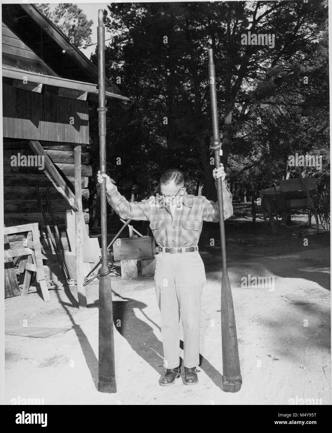Conservateur de musée LYNDON HARGRAVE détient 2 VOILE AVIRONS EN FACE DE L'atelier naturaliste le 2 novembre 1956. Chacune de ces rames A ÉTÉ UTILISÉ DANS LES PIÈCES AU CENTRE D'ACCUEIL QUI A OUVERT SES PORTES EN 1957. Photographe L.R. LEDING. Vers 1956. Grand Canyon Nat Park River Photo historique. Banque D'Images