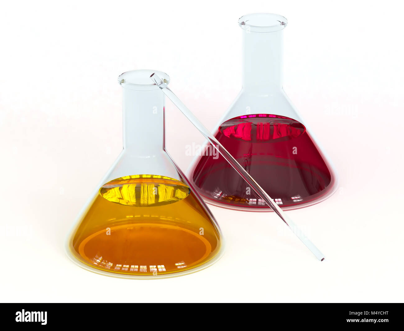 Récipients de verre chimiques remplis de liquides de différentes couleurs. Le rendu 3D. Banque D'Images