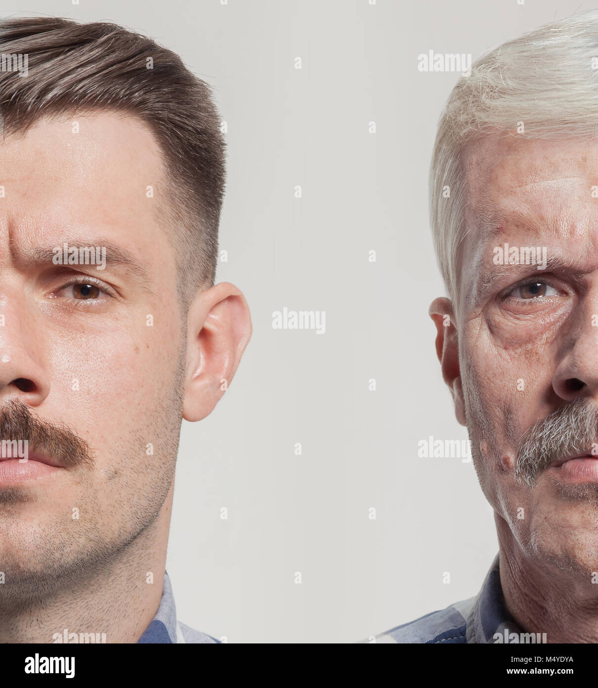 Collage de deux portraits de la même vieil homme et jeune homme. Le vieillissement du visage, de la peau et de concept. Conparison Banque D'Images