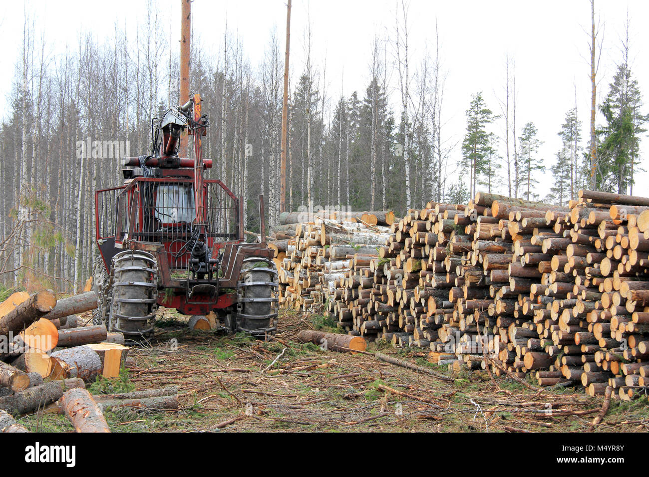 Vieux tracteur forestier et des piles de journaux au début du printemps l'exploitation forestière en Finlande. site Banque D'Images