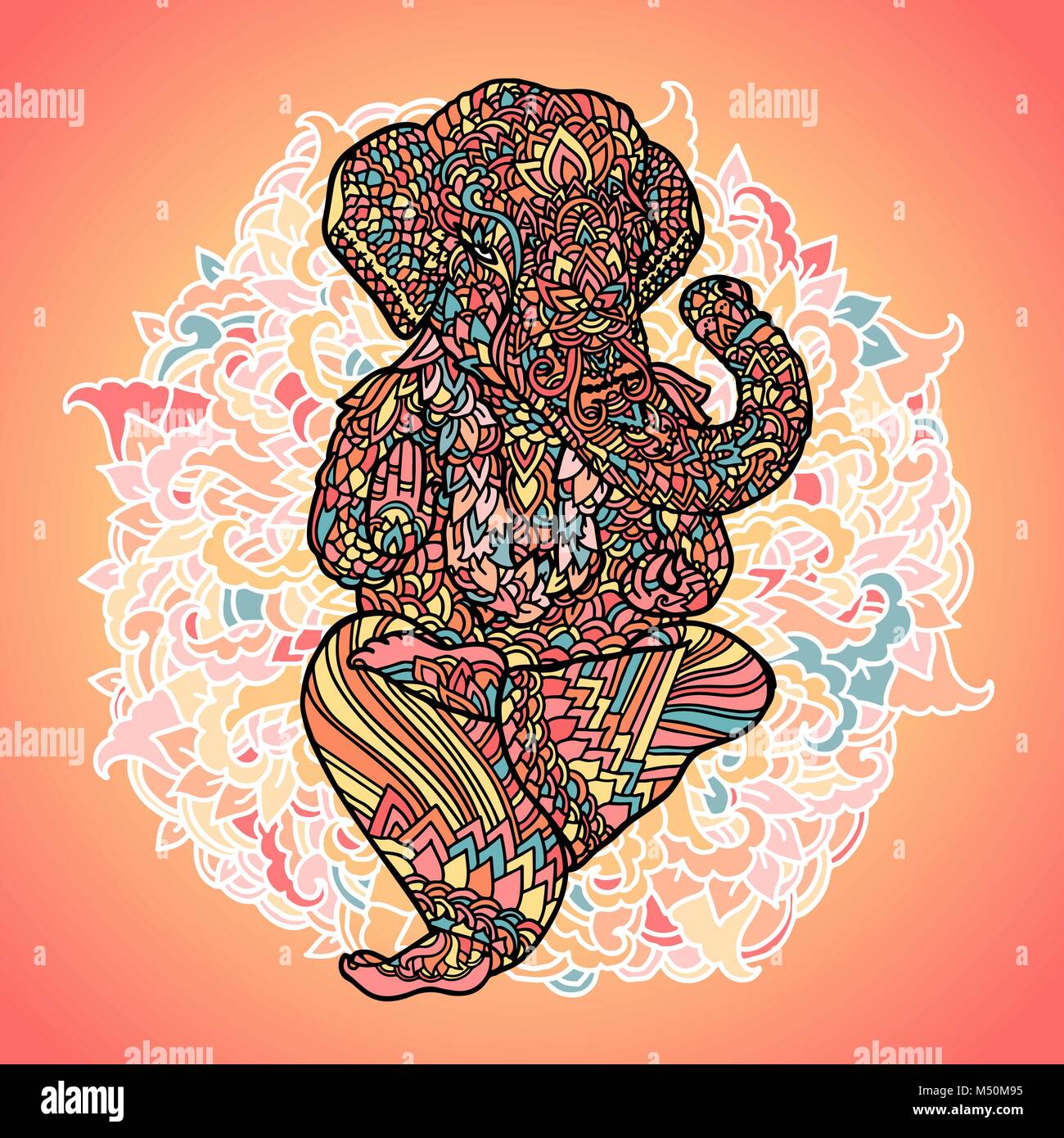 Seigneur Ganesha indien sur fond de mandala. Modèle asiatique avec des feuilles et des fleurs. Style de Yoga à imprimer. Colorful vector illustration Illustration de Vecteur