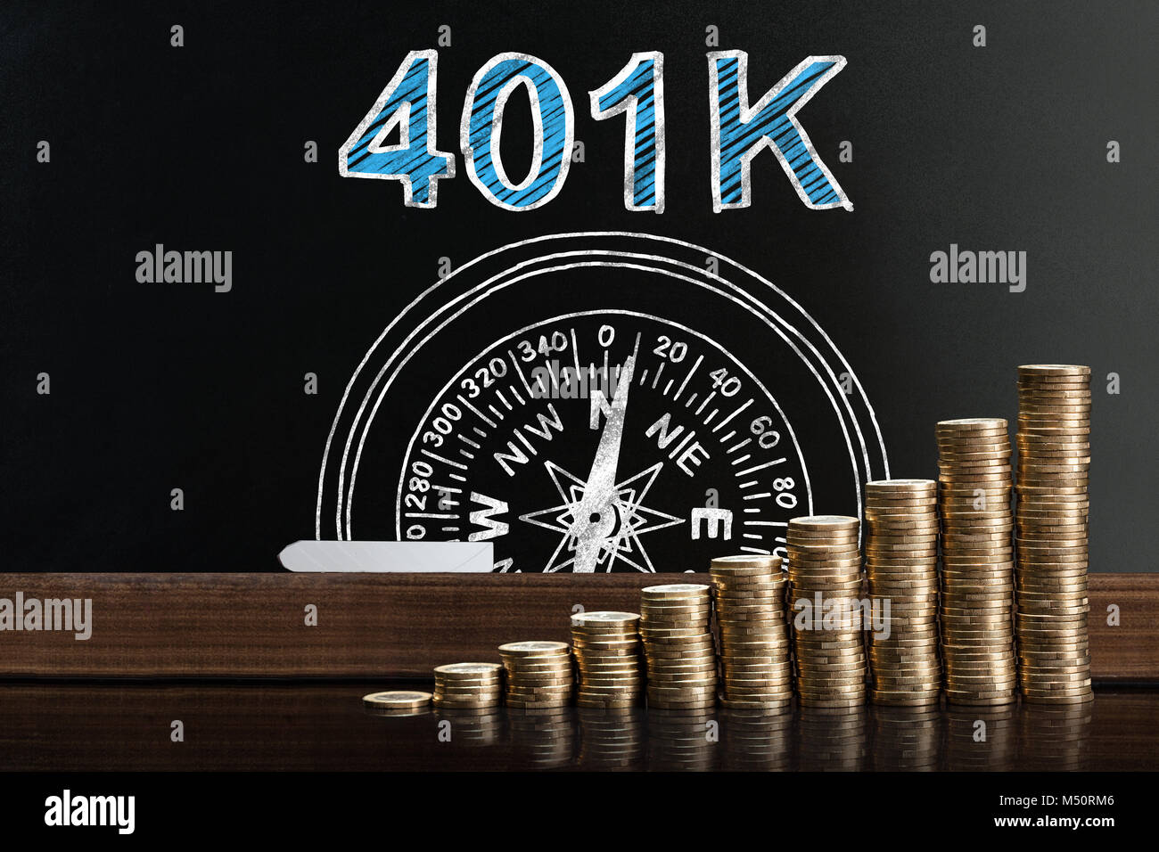 Régime de retraite de 401k sur tableau noir derrière les pièces empilées Banque D'Images