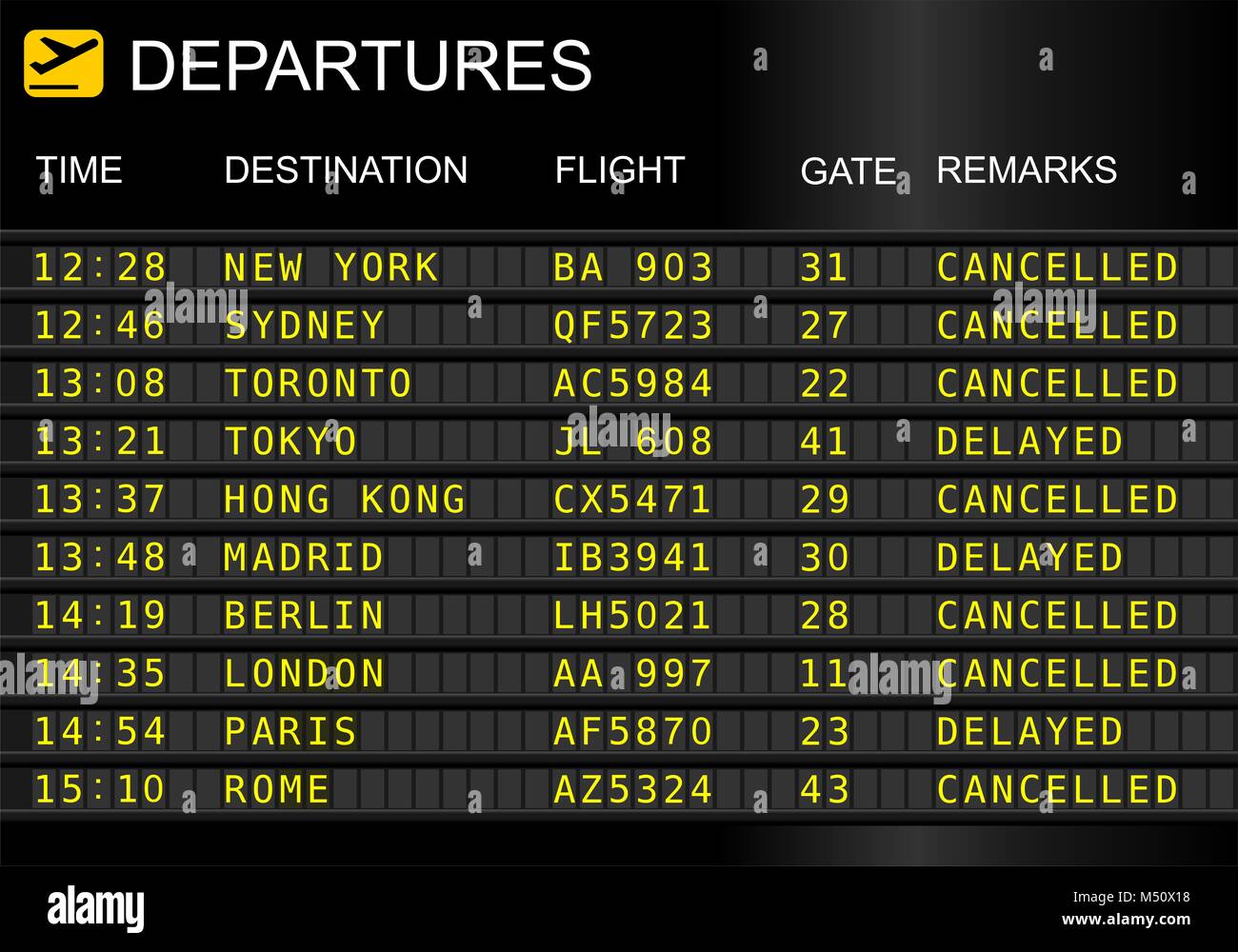 Les départs des vols a isolé sur fond blanc. Vol retardé et annulé Banque D'Images