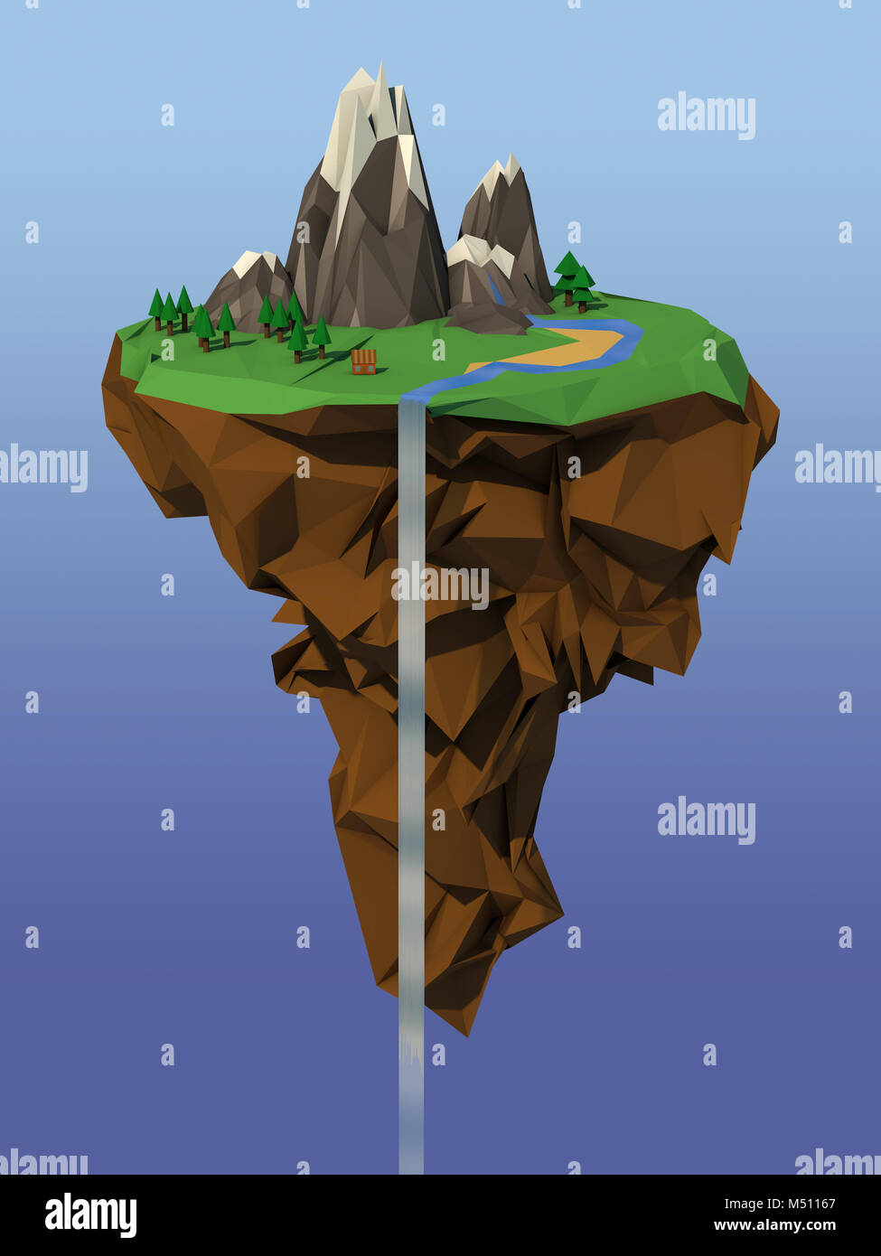 Low poly illustration de l'île flottante avec des montagnes, rivière et forêt Banque D'Images