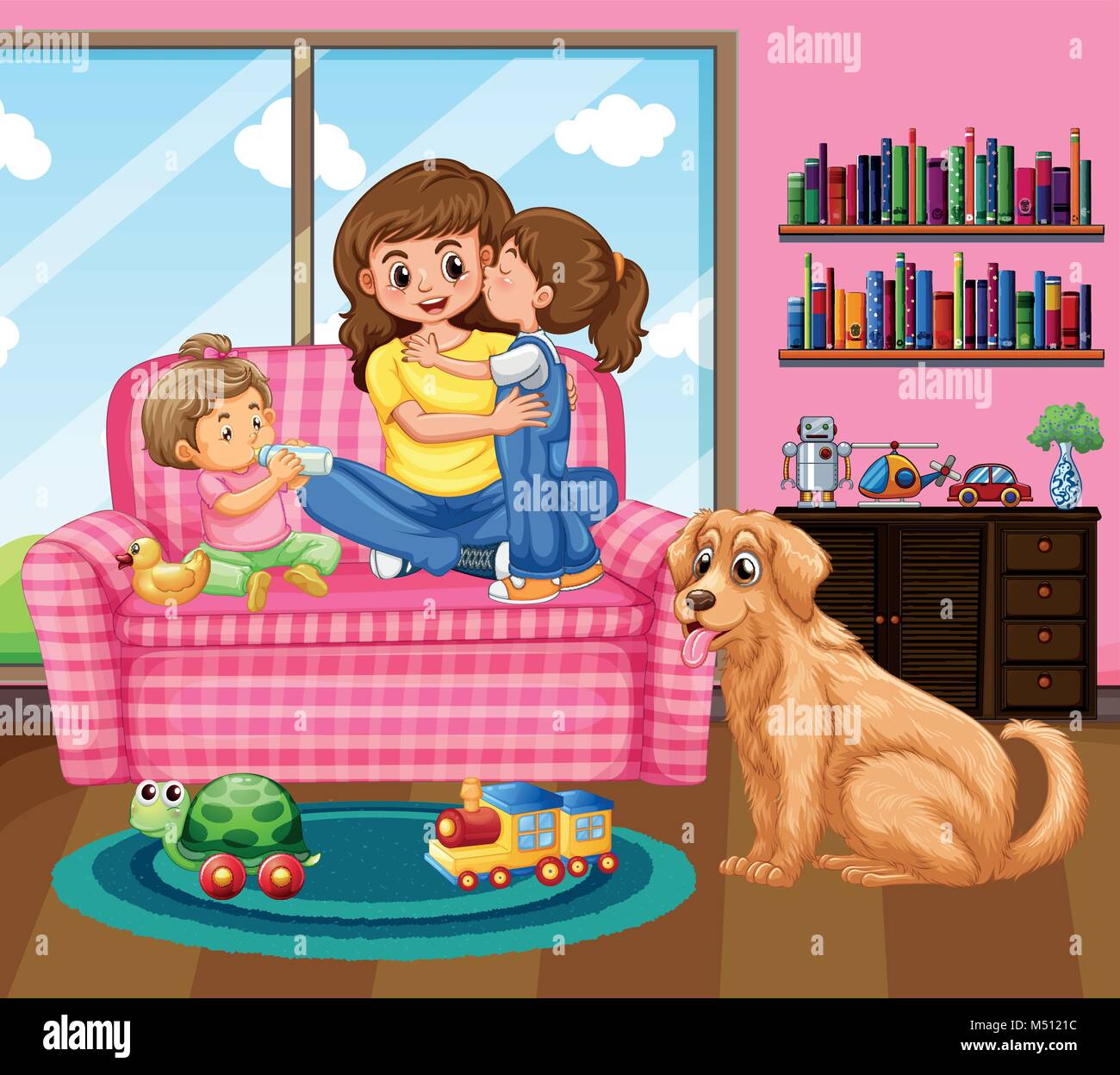 La mère et deux enfants avec chien de salon illustration Illustration de Vecteur