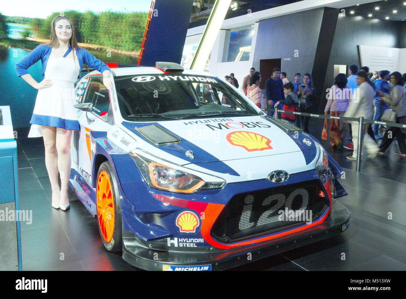 Greater Noida, Inde. 14 février 2018. Hyundai i20 WRC Coupé voiture est sur l'affichage à l'Auto Expo 2018 à Greater Noida, Inde. Banque D'Images